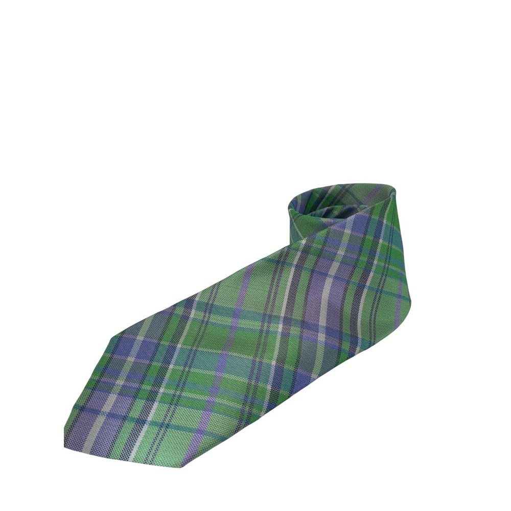 IZOD Mens Silk Necktie Green Purple White Plaid Woven Classic Tie